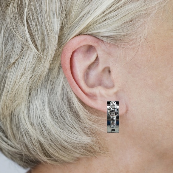 Stainless Steel Huggie Earrings with 5 Clear Crystals - Picture 3 of 3